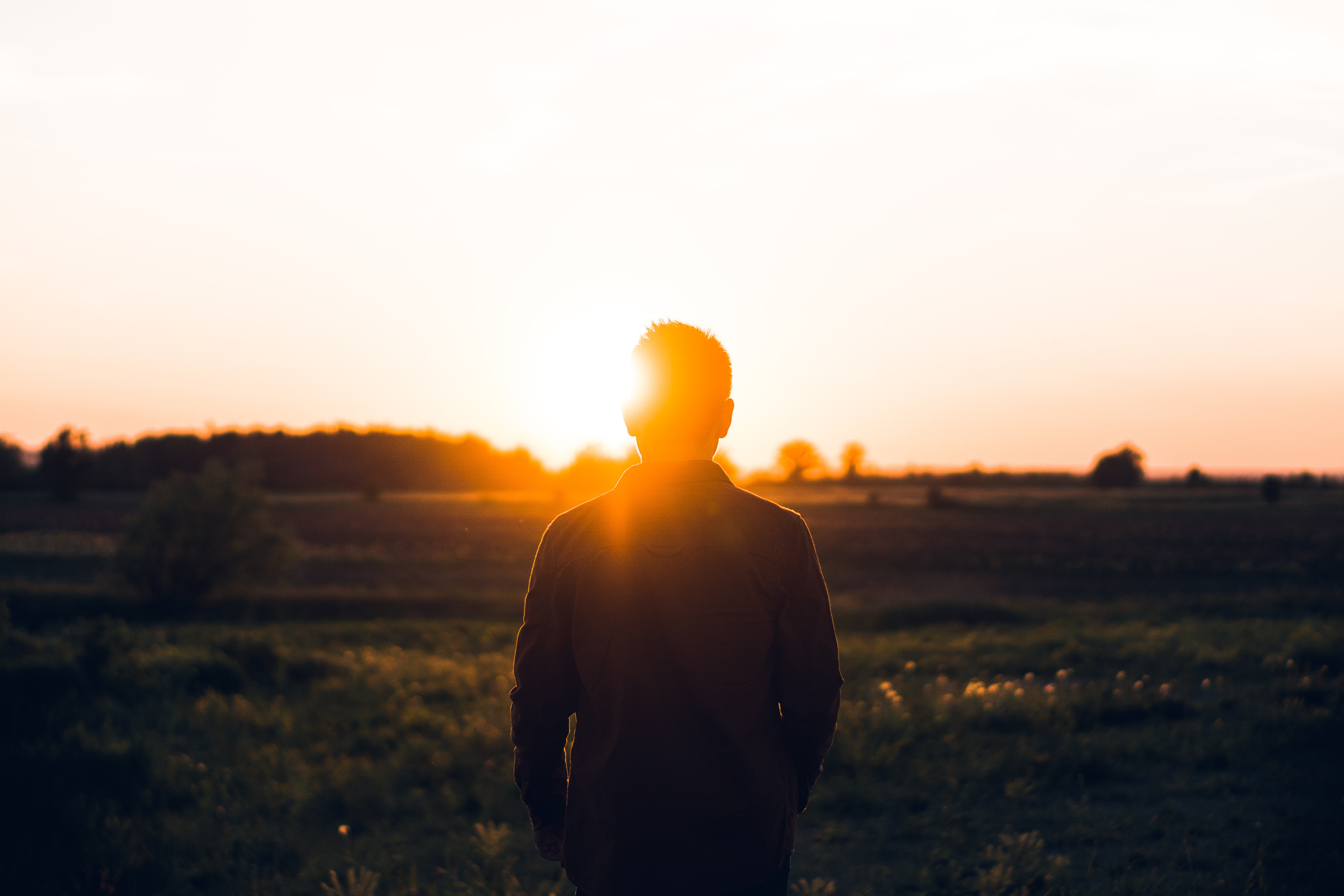 An image of a man, taken from behind, in nature, looking at sunrise