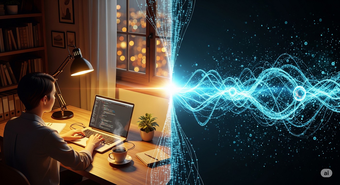 A vertically divided composition illustrating the synergy between human and AI in software development