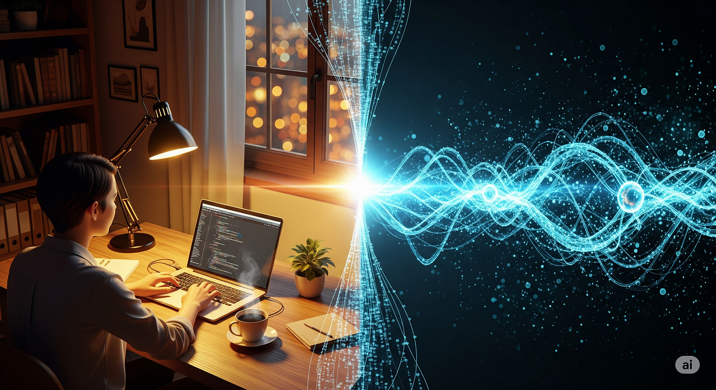 A vertically divided composition illustrating the synergy between human and AI in software development